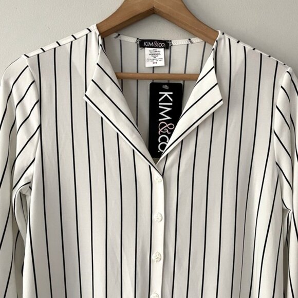 New Kim & Co. White Stripe 3/4 Sleeve Button Front Shirt Top Size XXL bin 4J - Picture 3 of 4